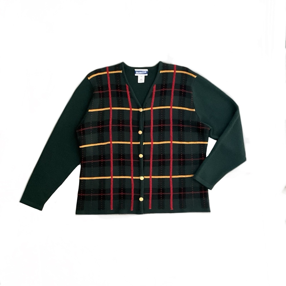 Vintage Pendleton Wool Blend Tartan Plaid Cardigan Green Red Gold Button Size L